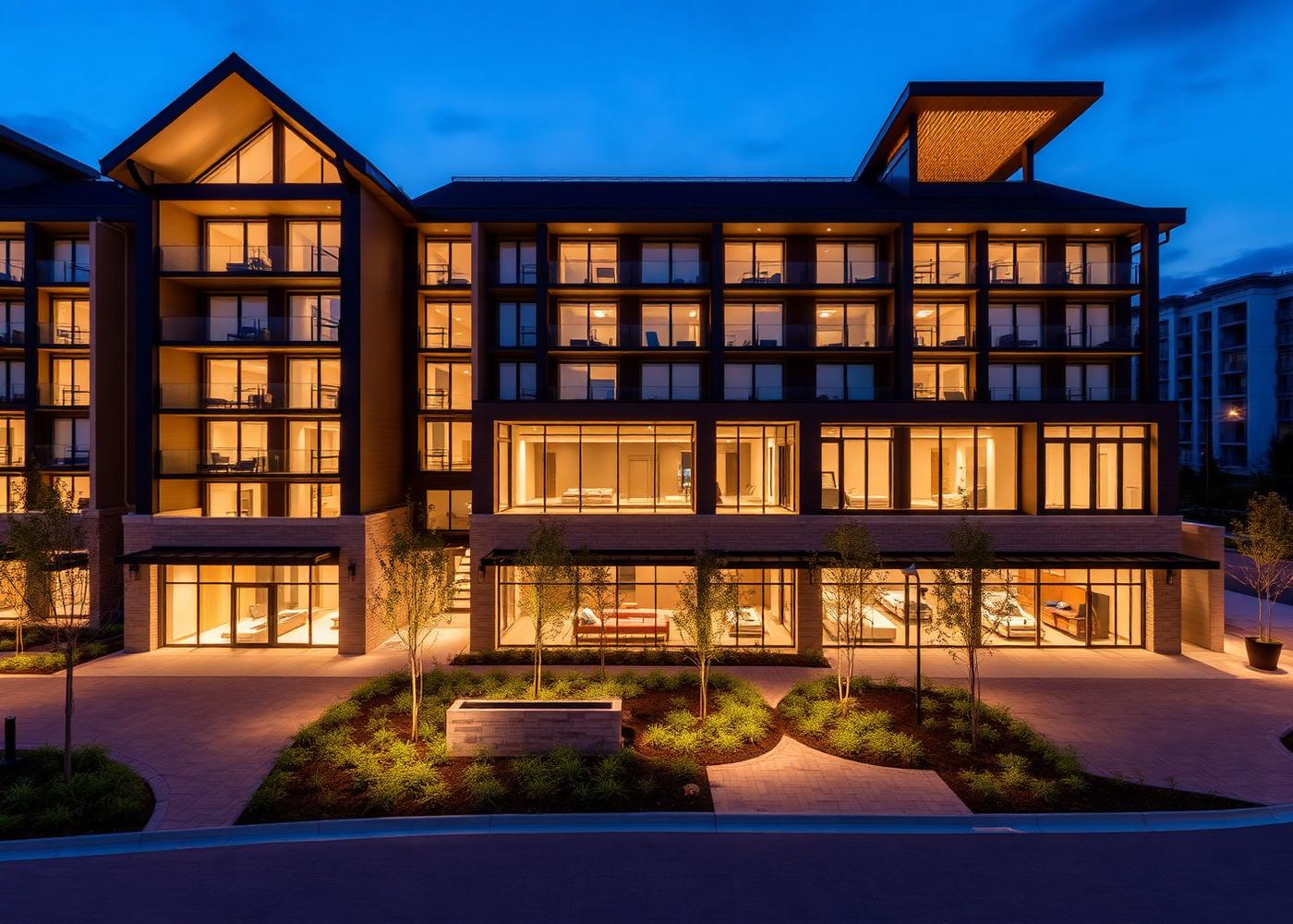 Luxury mixed-use residential development illuminated at dusk